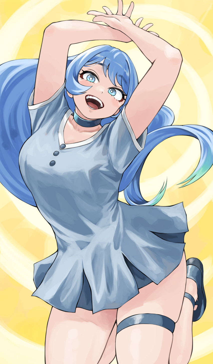 1girl :d absurdres black_choker blue_eyes blue_hair boku_no_hero_academia breasts choker dress fengling_(furin-jp) grey_dress hadou_nejire highres large_breasts long_hair looking_at_viewer short_dress short_sleeves smile solo spiral thigh_strap very_long_hair