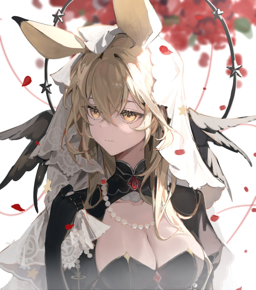 1girl animal_ears arknights black_shrug blonde_hair blurry blurry_background breasts cleavage closed_mouth commentary crossed_bangs dorothy_(arknights) english_commentary expressionless hair_between_eyes highres long_hair looking_to_the_side medium_breasts petals shrug_(clothing) solo star_(symbol) upper_body veil white_background yamiiv yellow_eyes