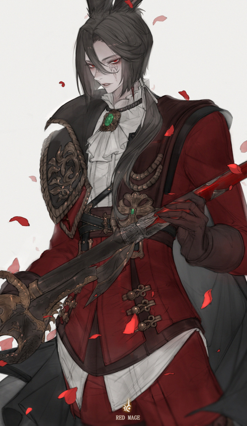 1boy absurdres animal_ears ascot brown_gloves cowboy_shot facial_tattoo falling_petals final_fantasy final_fantasy_xiv gloves grey_hair hair_between_eyes hair_over_shoulder highres holding holding_sword holding_weapon jacket jewelry looking_at_viewer male_focus necklace pants parted_lips petals ponytail rabbit_ears red_eyes red_jacket red_mage_(final_fantasy) red_pants shirt simple_background solo standing sword tattoo tladpwl03 warrior_of_light_(ff14) weapon white_ascot white_background white_shirt