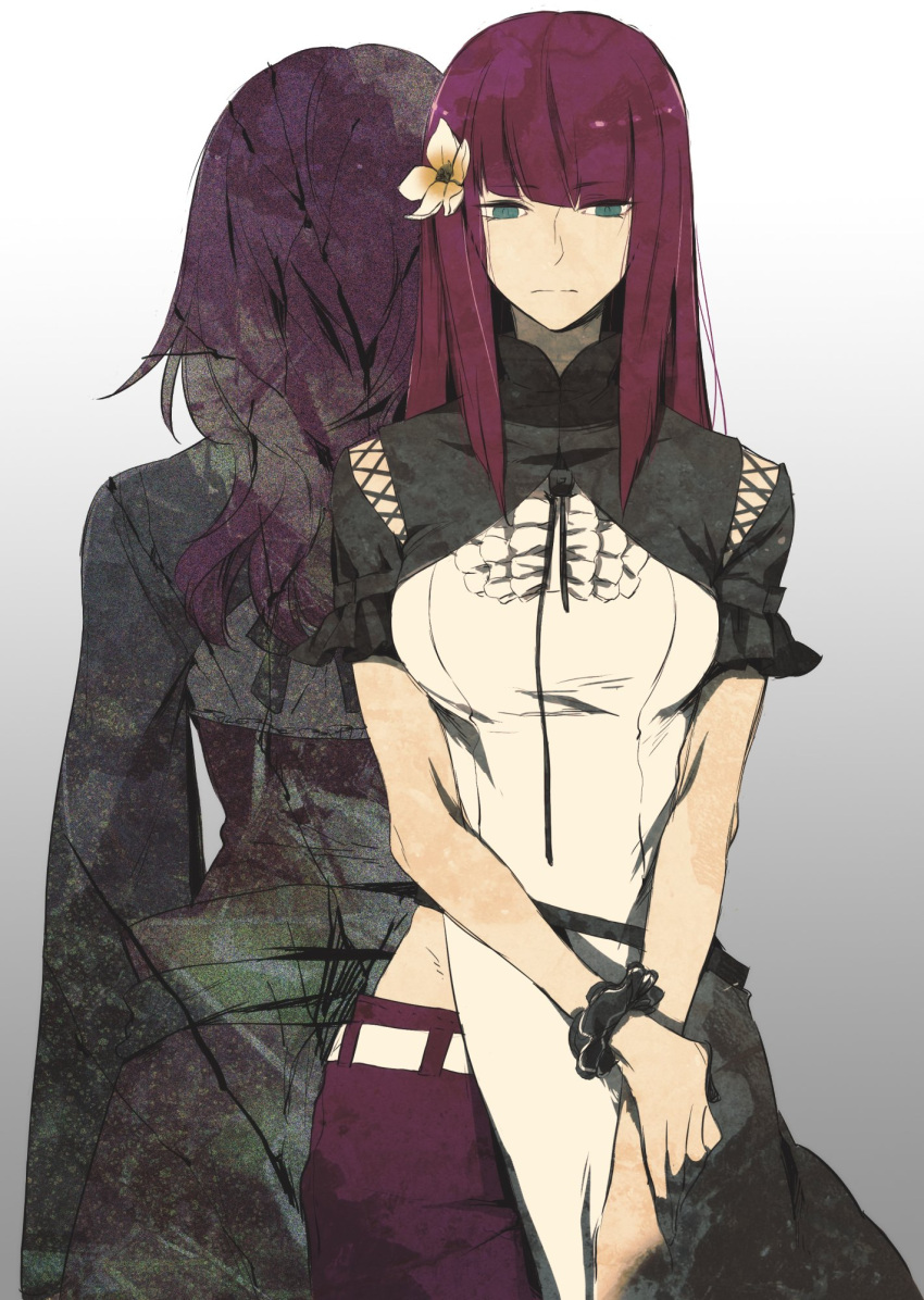 110tkmr back-to-back belt black_capelet blunt_bangs breasts capelet closed_mouth devola dress flower gradient_background green_eyes grey_background hair_flower hair_ornament highres hime_cut large_breasts long_hair midriff_peek nier:automata nier_(series) pants popola red_hair red_pants scrunchie short_sleeves siblings sisters straight_hair twins wavy_hair white_belt white_dress wrist_scrunchie yellow_flower