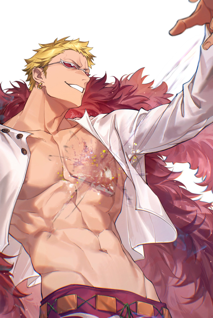 1boy abs arm_up blonde_hair coat commentary donquixote_doflamingo earrings feather_coat highres jewelry jyukawa male_focus muscular muscular_male navel one_piece open_clothes pectorals pink_coat shirt short_hair smile solo sunglasses symbol-only_commentary white_background white_shirt