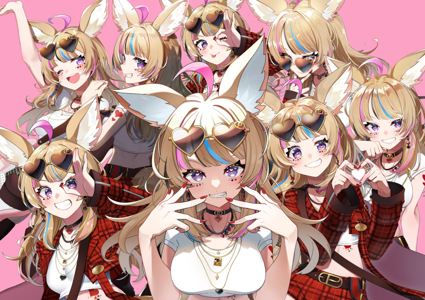 1girl absurdres ahoge animal_ear_fluff animal_ears arm_up belt black_choker blonde_hair blue_hair blush breasts brown_belt choker closed_mouth commentary_request cowboy_shot cropped_jacket cropped_shirt earrings eyewear_on_head facial_mark fox_ears fox_girl fox_tail full_body grin hands_up heart heart-shaped_eyewear heart_choker heart_hands highres hololive jacket jewelry long_hair looking_at_viewer medium_breasts midriff multicolored_hair multiple_necklaces multiple_views nail_polish navel official_alternate_costume official_alternate_hairstyle official_art ok_sign ok_sign_over_eye omaru_polka omaru_polka_(5th_costume) one_eye_closed open_mouth pink_hair plaid plaid_jacket plaid_shorts purple_eyes red_jacket red_nails red_shorts shirt short_shorts short_sleeves shorts simple_background smile standing streaked_hair sui_hi_sf sunglasses symbol-shaped_pupils t-shirt tachi-e tail teeth tongue tongue_out upper_body virtual_youtuber white_shirt