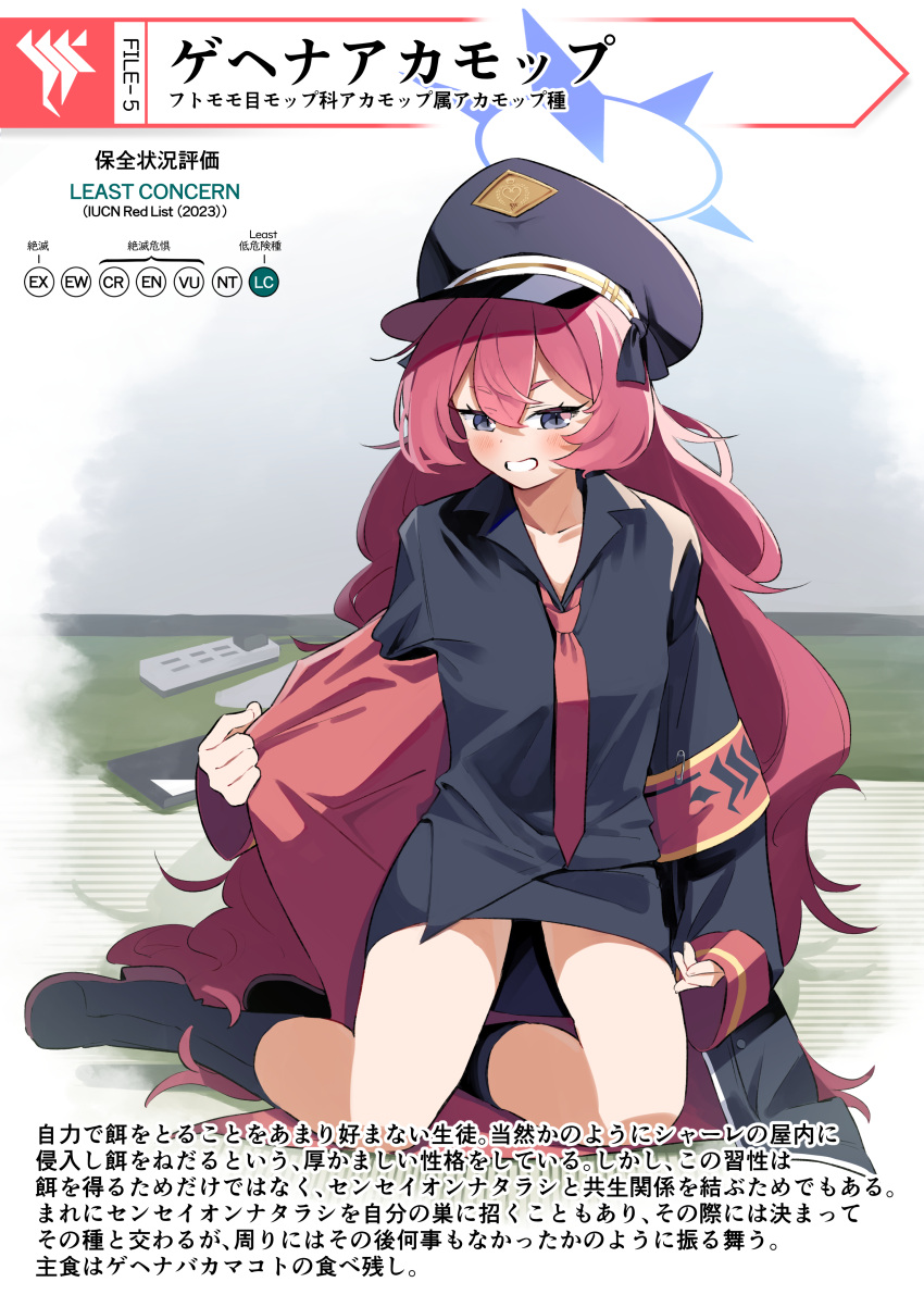 1girl absurdres armband black_shirt black_skirt blue_archive blue_eyes blue_halo blush boots collarbone collared_shirt halo hat highres iroha_(blue_archive) iucn_red_list long_hair long_sleeves looking_at_viewer necktie peaked_cap red_armband red_hair red_necktie shirt short_eyebrows sitting skirt sleeves_past_wrists solo symbol-shaped_pupils undressing very_long_hair yuki_hishaku