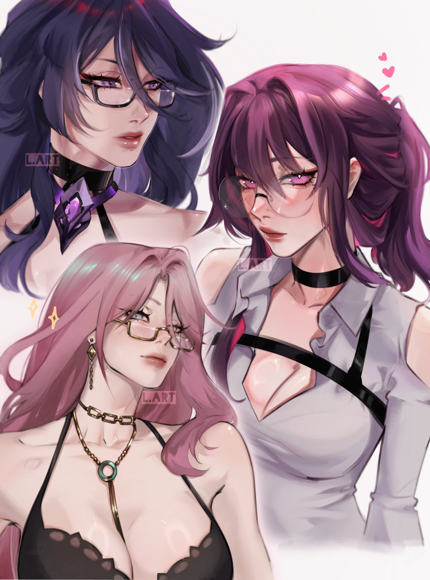 3girls absurdres acheron_(honkai:_star_rail) bare_shoulders bespectacled black-framed_eyewear black_choker blue_eyes breasts chest_harness choker cleavage clothing_cutout commentary earrings glasses grey_background hair_between_eyes hair_intakes harness heart highres honkai:_star_rail honkai_(series) jade_(honkai:_star_rail) jewelry kafka_(honkai:_star_rail) large_breasts lart_art1 long_hair multiple_girls necklace pink_hair purple_eyes purple_hair red_lips shoulder_cutout simple_background