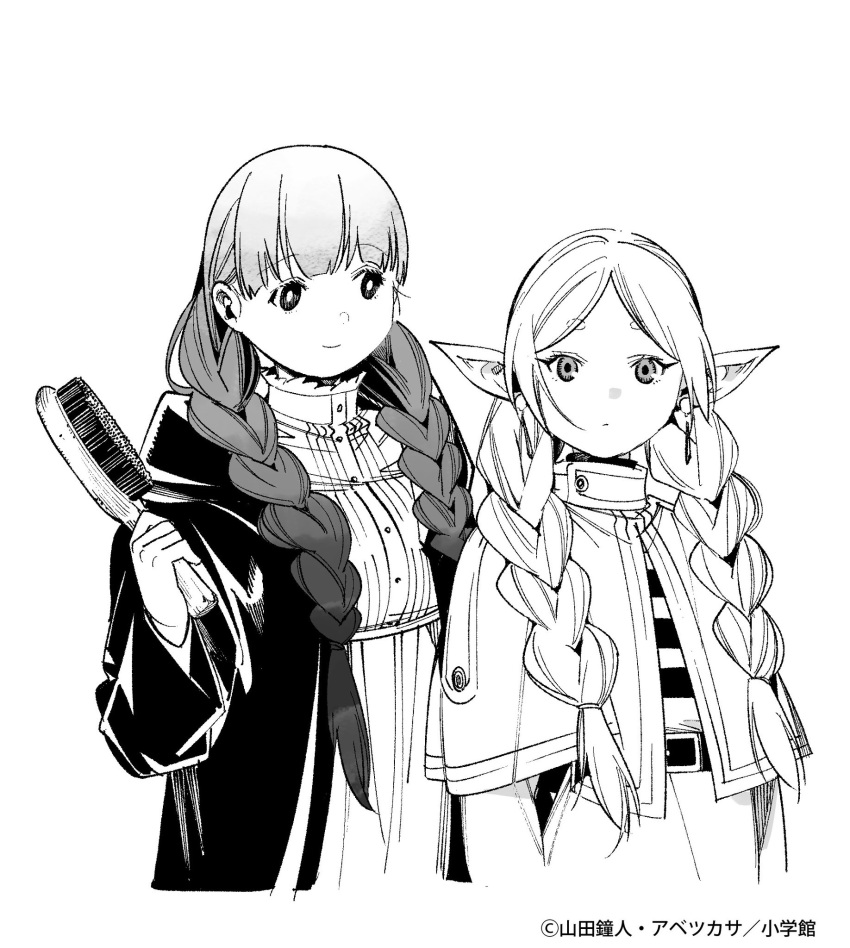 2girls abe_tsukasa blunt_bangs braid capelet earrings elf fern_(sousou_no_frieren) frieren greyscale hair_brush highres jewelry long_hair looking_at_viewer low_twin_braids monochrome multiple_girls official_art parted_bangs pointy_ears sousou_no_frieren twin_braids upper_body white_background