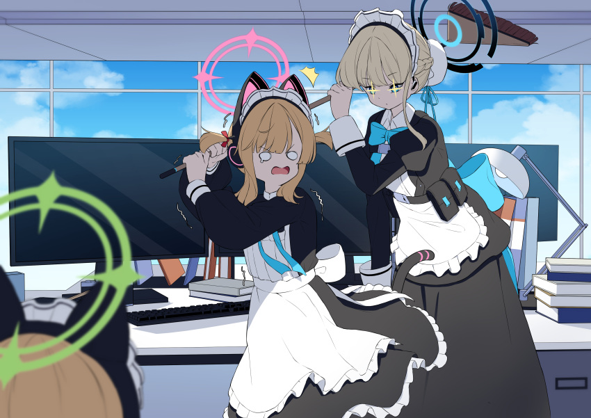 2girls absurdres animal_ear_headphones animal_ears apron belt_pouch binder blonde_hair blue_archive blue_bow blue_bowtie blue_ribbon blue_sky blurry blurry_foreground bow bowtie breast_hold breasts broom cat_ear_headphones cat_tail closed_mouth desk desk_lamp dress fake_animal_ears fake_tail halo hands_up headphones highres holding holding_broom indoors juliet_sleeves keyboard_(computer) lamp long_dress long_sleeves maid maid_apron medium_hair midori_(blue_archive) midori_(maid)_(blue_archive) momoi_(blue_archive) momoi_(maid)_(blue_archive) monitor multiple_girls open_mouth pouch puffy_sleeves ribbon round_teeth sidelocks sky tail teeth toki_(blue_archive) trembling two_side_up window yuki_hishaku