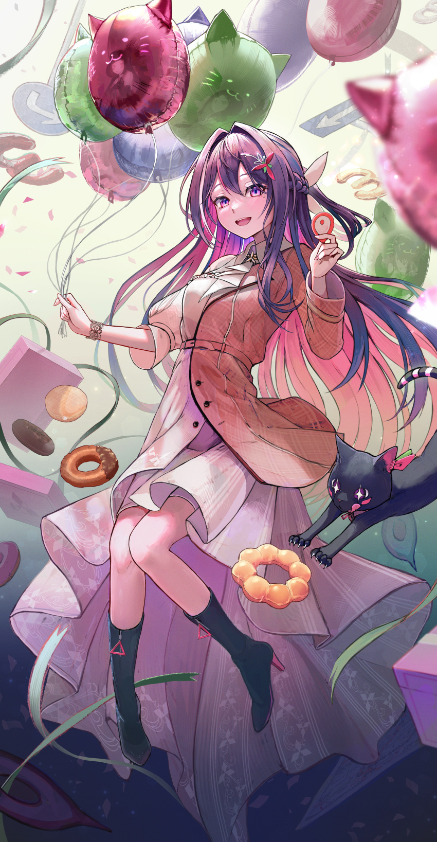 +_+ 1girl absurdres azki_(4th_costume)_(hololive) azki_(hololive) badman6050 balloon belt black_cat boots cat colored_inner_hair confetti different_reflection doughnut dress food hair_intakes high_heel_boots high_heels highres holding holding_balloon hololive long_hair mole mole_under_eye multicolored_hair official_alternate_costume pon_de_ring purple_eyes reflection road_sign sign virtual_youtuber
