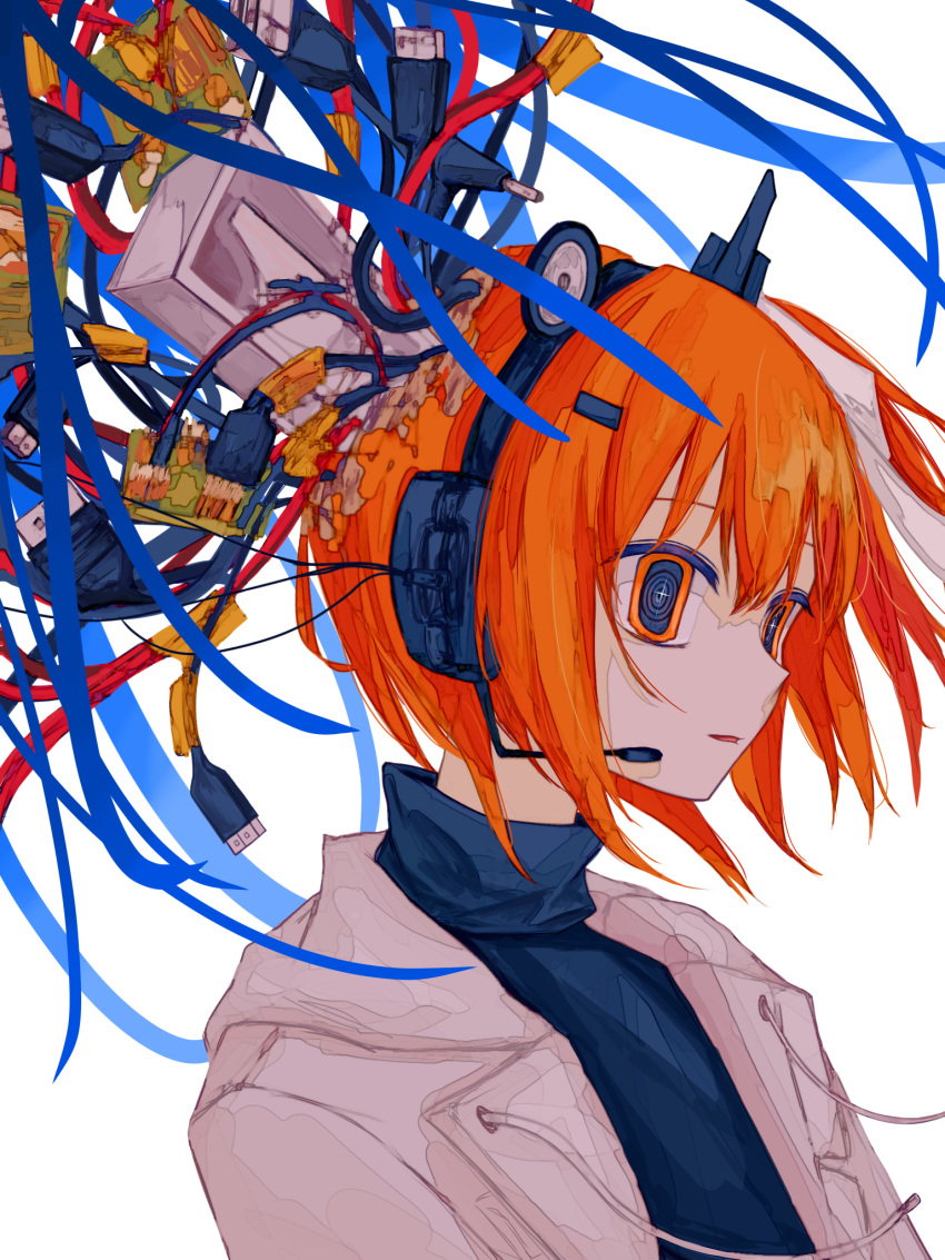 1girl a.i._voice adachi_rei android black_shirt cable circuit_board commentary cyanide_404 drawstring hair_ornament hair_ribbon hairclip headlamp headset highres jacket lens_eye open_clothes open_jacket orange_eyes orange_hair parted_lips radio_antenna ribbon shirt short_hair solo turtleneck upper_body utau white_background white_jacket white_ribbon