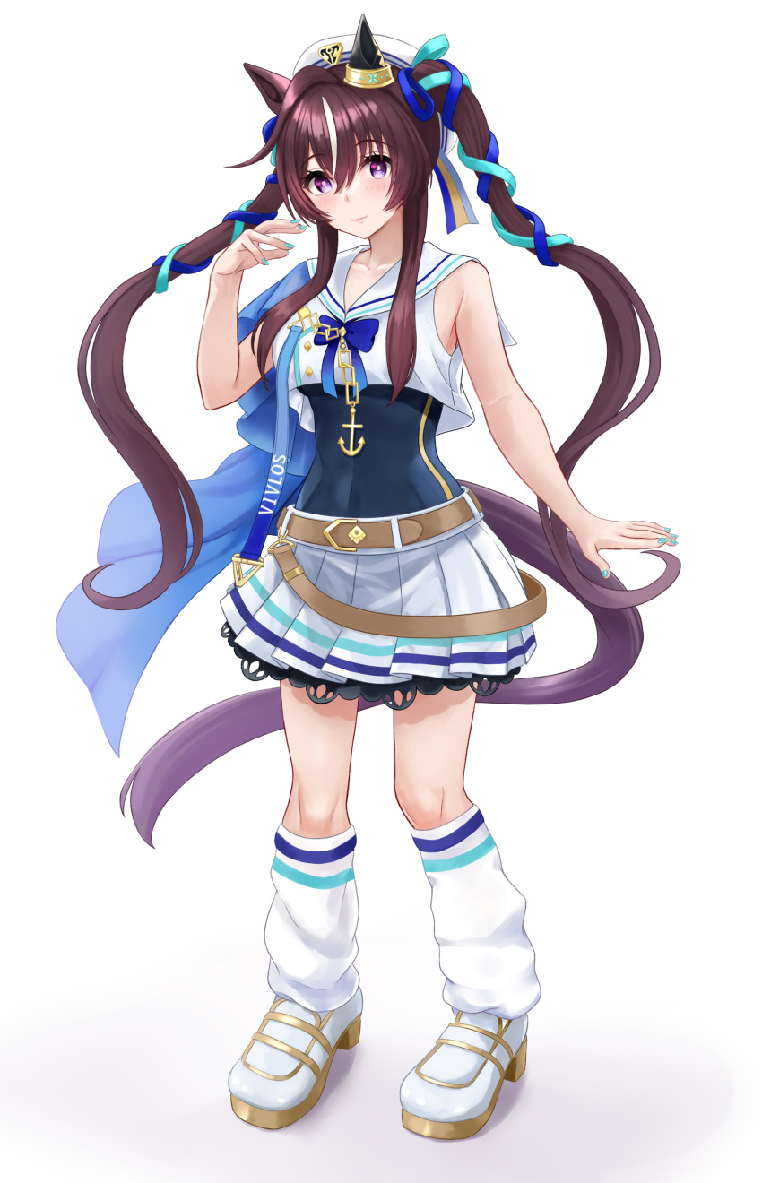 1girl :3 absurdres anchor_necklace animal_ears armpits belt blue_bow blue_bowtie blue_capelet blue_ribbon bow bowtie brown_belt brown_hair capelet commentary_request covered_navel ear_covers full_body hair_between_eyes hair_ribbon highres horse_ears horse_girl jewelry long_hair looking_at_viewer loose_socks mossan_(mossan-777) multicolored_hair necklace purple_eyes ribbon sailor_collar sailor_shirt shirt sidelocks simple_background single_ear_cover skirt sleeveless sleeveless_shirt socks solo streaked_hair twintails umamusume vivlos_(umamusume) white_background white_hair white_shirt white_skirt white_socks