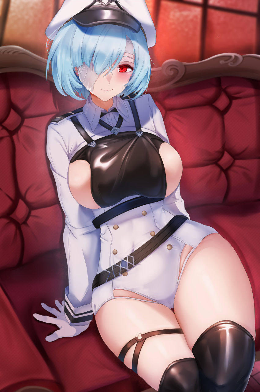 1girl absurdres azur_lane bandage_over_one_eye black_thighhighs blue_hair breast_cutout breasts buttons collared_leotard double-breasted english_commentary framed_breasts gloves hair_over_one_eye hat highres kuybyshev_(azur_lane) lapokato large_breasts leotard long_sleeves looking_at_viewer o-ring_strap peaked_cap red_eyes short_hair sideboob sitting solo thigh_strap thighhighs white_gloves white_hat white_leotard