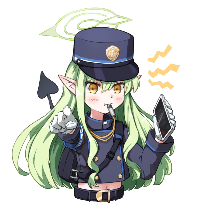 1girl absurdres armband bag belt blowing_whistle blue_archive blue_armband blue_jacket blush buttons cellphone collared_jacket commentary_request cropped_torso demon_tail double-breasted gloves green_hair green_halo halo hat highres hikari_(blue_archive) holding holding_phone jacket looking_at_viewer navel peaked_cap phone pointing pointing_at_viewer pointy_ears shoulder_bag shout_lines simple_background smartphone solo tail tigerbudcat whistle white_background white_gloves