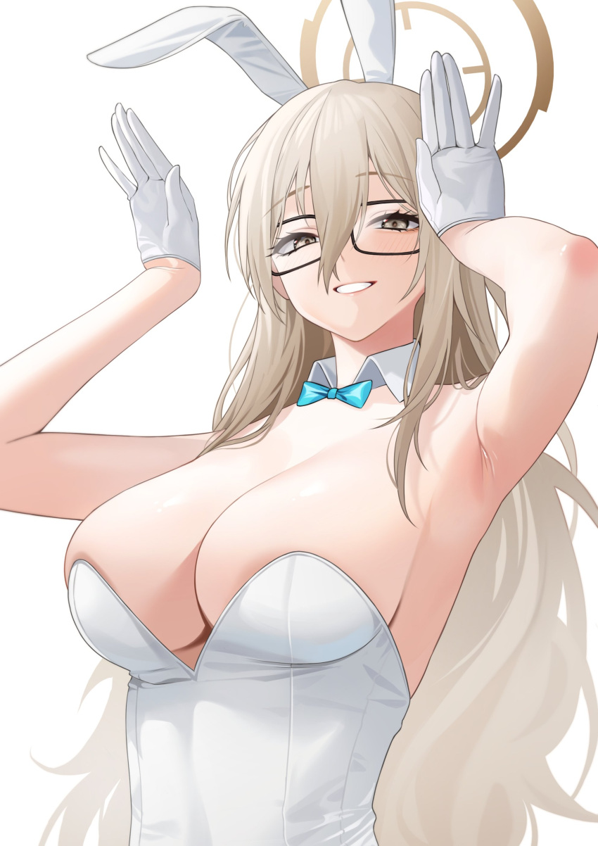 1girl absurdres akane_(blue_archive) akane_(bunny)_(blue_archive) animal_ears armpits arms_up black-framed_eyewear blonde_hair blue_archive blue_bow blue_bowtie bow bowtie breasts brown_eyes brown_hair cleavage detached_collar fake_animal_ears gloves guntree hair_between_eyes highres large_breasts leotard long_hair looking_at_viewer official_alternate_costume parted_lips playboy_bunny rabbit_ears rabbit_pose rectangular_eyewear sideboob smile solo white_gloves white_leotard