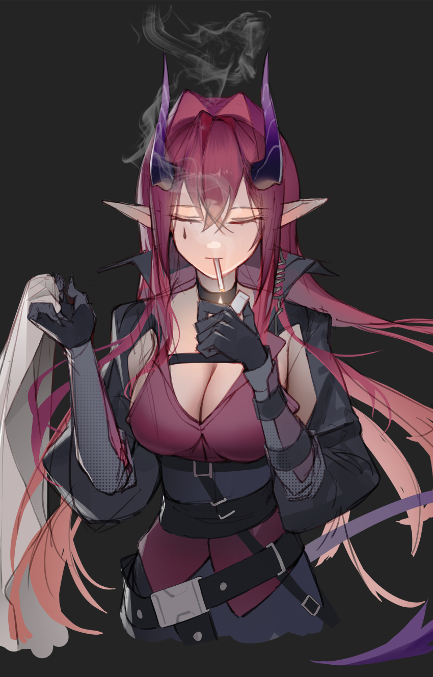 1girl 9am9i absurdres arknights ascalon_(arknights) black_background black_gloves breasts cigarette cleavage closed_eyes closed_mouth gloves highres holding holding_hood holding_lighter horns large_breasts lighter long_hair purple_eyes purple_hair simple_background smoke smoking solo