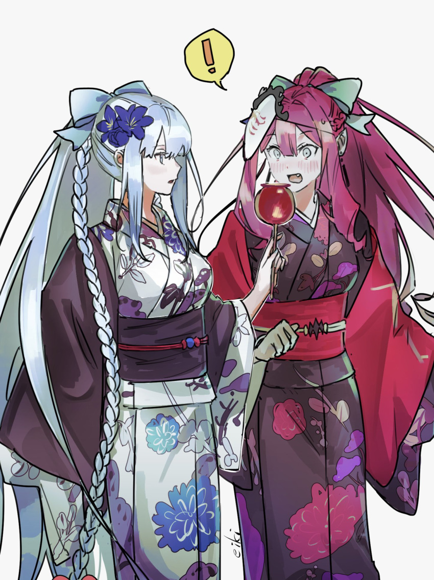 ! 2girls baobhan_sith_(fate) black_kimono blue_eyes blue_flower blue_hair blush braid candy_apple cernunnos_(fate) character_mask earrings eiki_(eikityou_55) fang fate/grand_order fate_(series) floral_print flower food grey_eyes hair_flower hair_ornament hair_ribbon hand_up highres holding holding_food japanese_clothes jewelry kimono mask mask_on_head morgan_le_fay_(fate) morgan_le_fay_(fgo_fes._2023)_(fate) mother_and_daughter multiple_girls obi open_mouth pink_hair pointy_ears ponytail red_kimono ribbon sash sidelocks single_braid surprised white_background white_kimono wide_sleeves