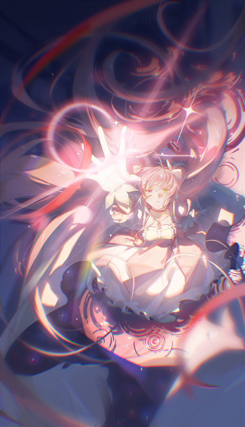 1girl absurdres arm_up blurry bow bubble_skirt chinese_commentary choker chromatic_aberration collarbone commentary_request depth_of_field dress dress_bow floating_hair foreshortening frilled_dress frilled_skirt frills from_above full_body hair_bow heterochromia highres kaname_madoka lan2546426 long_hair looking_at_viewer looking_up mahou_shoujo_madoka_magica mahou_shoujo_madoka_magica_(anime) outstretched_arm parted_lips pink_dress pink_eyes pink_hair red_choker red_ribbon ribbon ripples skirt solo two_side_up ultimate_madoka very_long_hair white_skirt yellow_eyes
