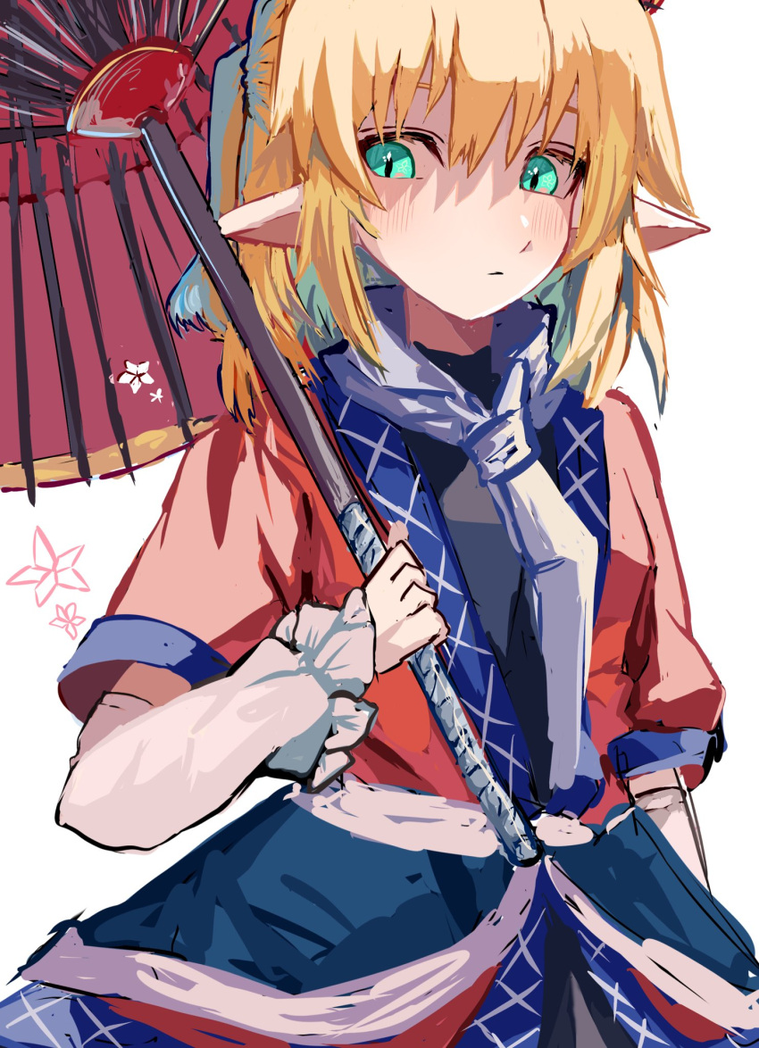 1girl arm_warmers black_shirt blonde_hair brown_shirt closed_mouth commentary cowboy_shot expressionless flat_chest fushida green_eyes half_updo highres holding holding_umbrella looking_at_viewer medium_bangs medium_hair mizuhashi_parsee oil-paper_umbrella pointy_ears red_umbrella scarf shirt short_sleeves sidelocks simple_background solo touhou umbrella undershirt white_background white_scarf