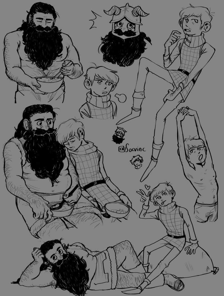 2boys :q ^^^ absurdres alternate_facial_hair armpit_hair armpit_hair_peek bara beard belly bowl brown_hair chibi chibi_inset chilchuck_tims collage comic_panel_redraw couple cropped_shoulders derivative_work dungeon_meshi dwarf facial_hair fake_horns from_side goatee_stubble greyscale hairy helmet highres holding holding_bowl horned_helmet horns interracial leaning_to_the_side long_beard looking_to_the_side male_focus monochrome multiple_boys mustache_stubble pectorals plump senshi_(dungeon_meshi) sitting skinny sleeping sleeping_on_person socvinc sparse_chest_hair stubble thick_leg_hair thick_mustache thick_navel_hair tongue tongue_out topless_male v very_hairy very_long_beard yaoi