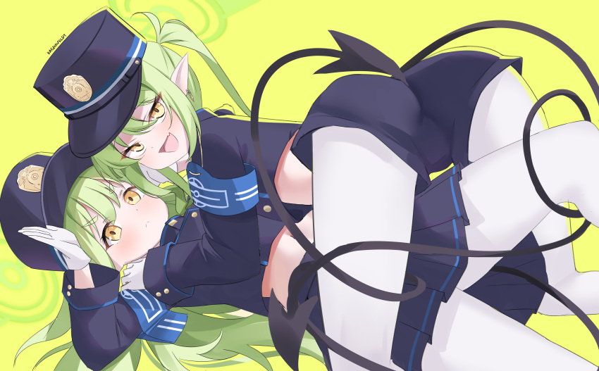 2girls absurdres armband black_tail blue_archive blue_armband demon_tail fang girl_on_top gloves green_hair green_halo halo hat highres hikari_(blue_archive) looking_at_viewer multiple_girls nozomi_(blue_archive) peaked_cap pointy_ears ragnaveldt simple_background skin_fang tail thighs train_conductor white_gloves