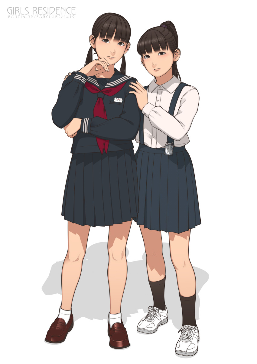 2girls absurdres black_hair black_serafuku black_socks brown_eyes commentary_request high_ponytail highres loafers low_twintails medium_skirt multiple_girls neckerchief original pleated_skirt ponytail red_neckerchief school_uniform serafuku shinchou_ni_kansuru_kousatsu shoes skirt sneakers socks suspender_skirt suspenders twintails web_address white_socks