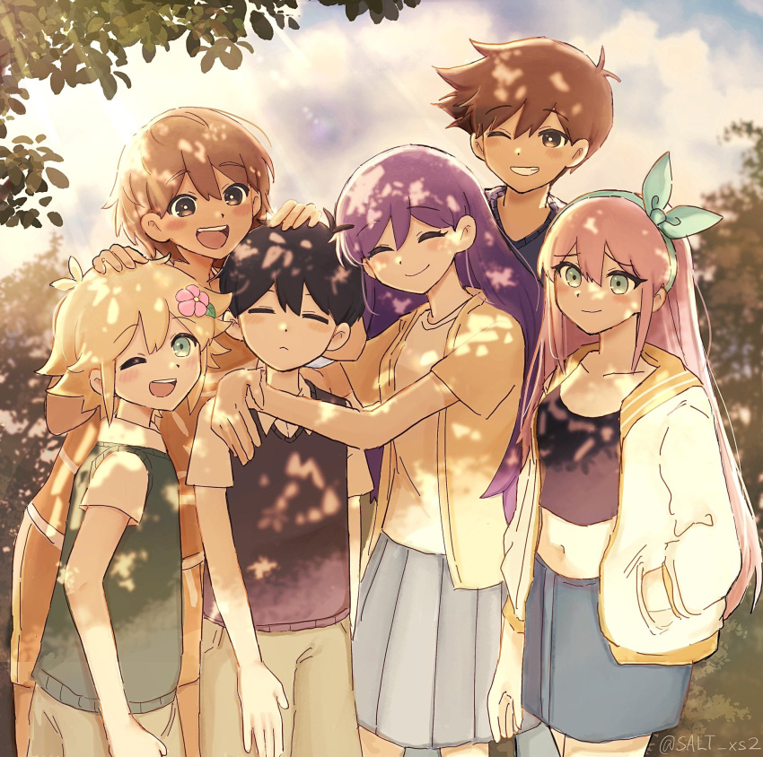 2girls 4boys aubrey_(faraway)_(omori) aubrey_(omori) basil_(faraway)_(omori) basil_(omori) black_sweater_vest blonde_hair blue_eyes blue_skirt blush brown_eyes brown_hair brown_shorts closed_eyes closed_mouth collarbone collared_shirt crop_top dark-skinned_male dark_skin denim denim_skirt flower green_sweater_vest grey_skirt grin hair_flower hair_ornament hairband hero_(faraway)_(omori) hero_(omori) highres jacket kel_(faraway)_(omori) kel_(omori) long_hair looking_at_viewer mari_(faraway)_(omori) mari_(omori) multiple_boys multiple_girls navel omori one_eye_closed open_mouth parted_lips pink_hair pleated_skirt purple_hair salt_xs2 shirt short_hair shorts skirt smile sunny_(omori) sweater_vest teeth upper_teeth_only white_jacket white_shirt