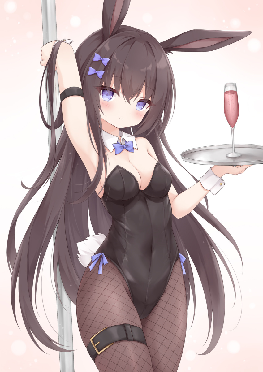 1girl animal_ears arm_up armpits bare_shoulders black_leotard black_pantyhose blue_eyes blush bow bowtie breasts brown_hair cleavage covered_navel cup detached_collar drinking_glass fishnet_pantyhose fishnets hair_bow highres leotard long_hair mochizuki_riku original pantyhose pole rabbit_ears rabbit_girl rabbit_tail ribbon smile solo strapless strapless_leotard tail thigh_strap tray wrist_cuffs