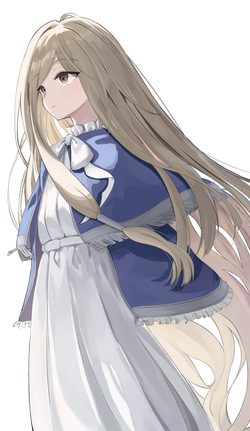 1girl absurdly_long_hair absurdres blue_capelet bow brown_eyes brown_hair capelet commentary_request dress hair_tubes highres long_hair sense_(sousou_no_frieren) simple_background solo som_(mnfx7235) sousou_no_frieren very_long_hair white_background white_bow white_dress