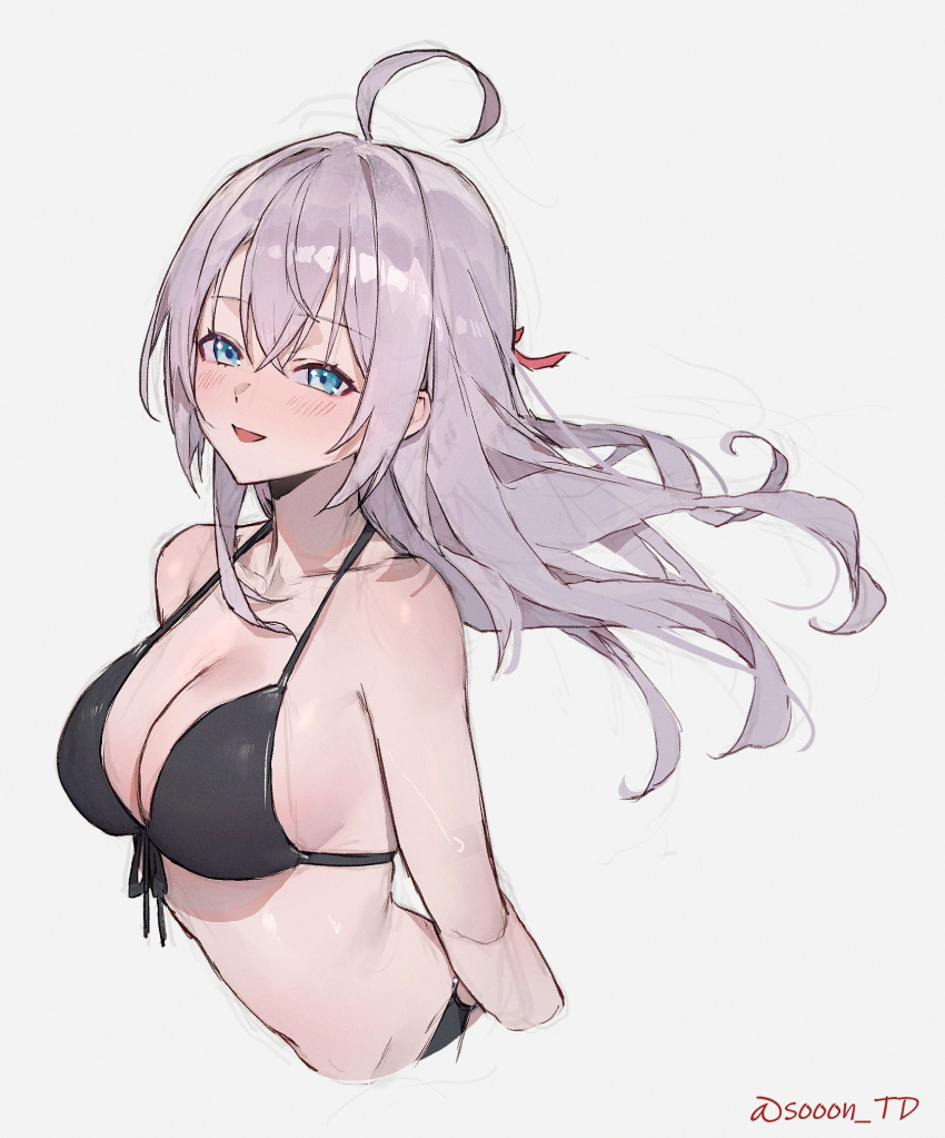 1girl ahoge alisa_mikhailovna_kujou artist_name bikini black_bikini blue_eyes blush breasts cleavage collarbone commentary_request floating_hair grey_background grey_hair hair_ribbon highres large_breasts looking_at_viewer multiple_views open_mouth red_ribbon ribbon simple_background smile solo sooon swimsuit tokidoki_bosotto_roshia-go_de_dereru_tonari_no_arya-san upper_body