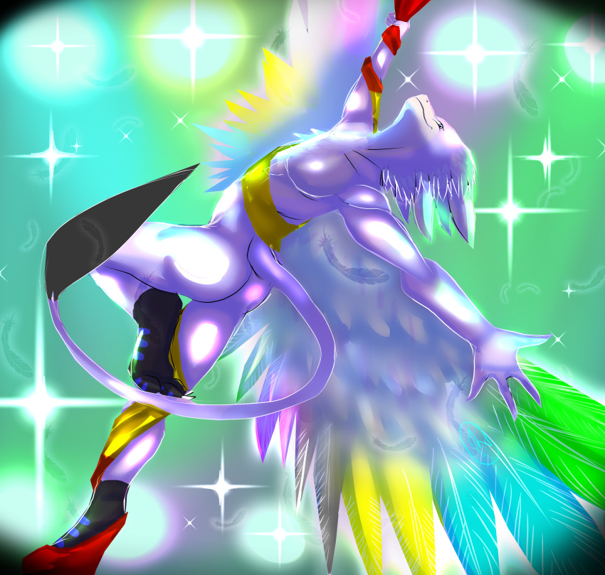 absurd_res ambiguous_gender anthro avali avian butt colored colorful_theme dancing digital_media_(artwork) empressumeko feathers full-length_portrait hi_res kerolink lights male nude pink_body pinup portrait pose solo spanish_flag sparkles tail