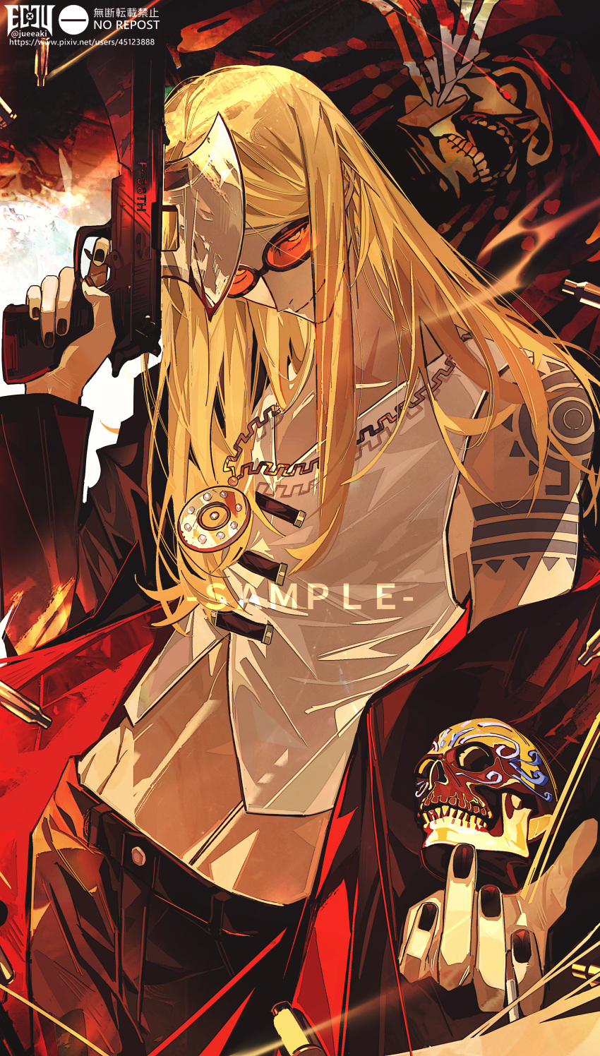 1boy absurdres aztec black_jacket black_nails blonde_hair coat eeju fate/grand_order fate_(series) flapper_shirt gold_necklace highres jacket jewelry long_hair looking_at_viewer male_focus medallion midriff_peek necklace open_clothes open_jacket orange-tinted_eyewear pixiv_id sample_watermark shirt shoulder_tattoo smile solo sunglasses tattoo tezcatlipoca_(fate) tinted_eyewear trench_coat watermark white_shirt