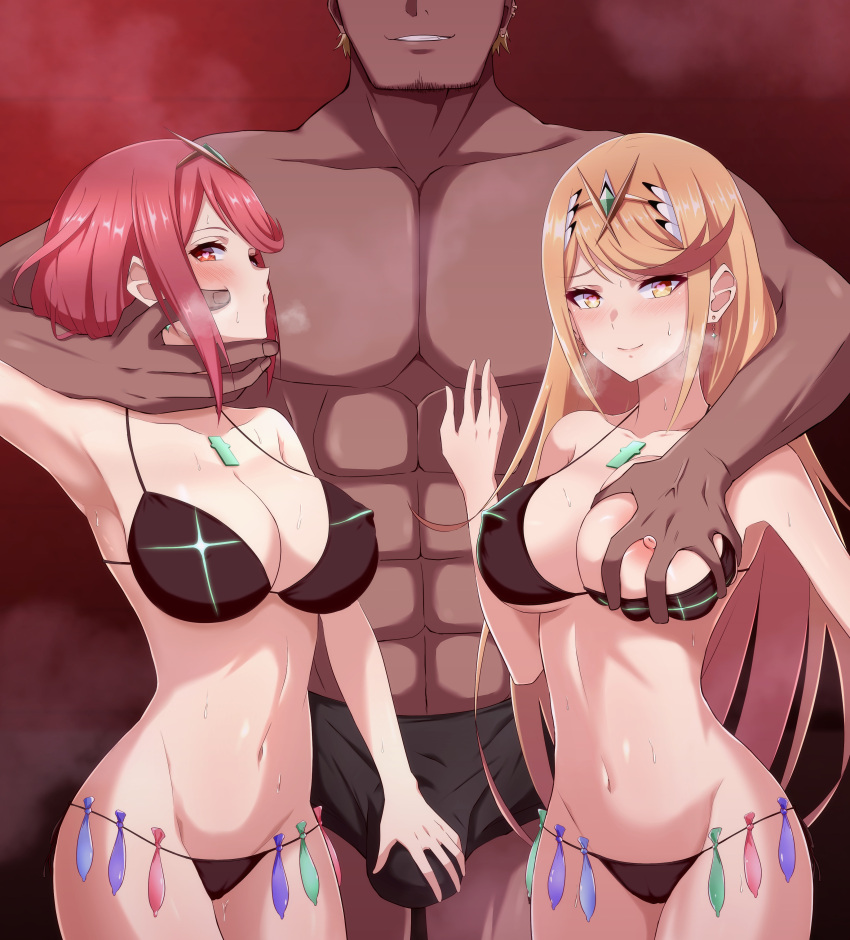 1boy 2girls abs absurdres bare_shoulders bikini black_bikini blonde_hair blush breasts cameltoe cleavage commentary condom condom_belt covered_nipples dark-skinned_male dark_skin earrings eruu_(eruuman) grabbing grabbing_another's_breast grabbing_from_behind grin heart heart-shaped_pupils heavy_breathing hetero highres interracial jewelry large_breasts manly multiple_condoms multiple_girls muscular mythra_(xenoblade) navel netorare nipples one_breast_out out_of_frame pyra_(xenoblade) red_hair sidelocks smile standing stomach sweat swept_bangs swimsuit symbol-shaped_pupils tiara underwear used_condom xenoblade_chronicles_(series) xenoblade_chronicles_2