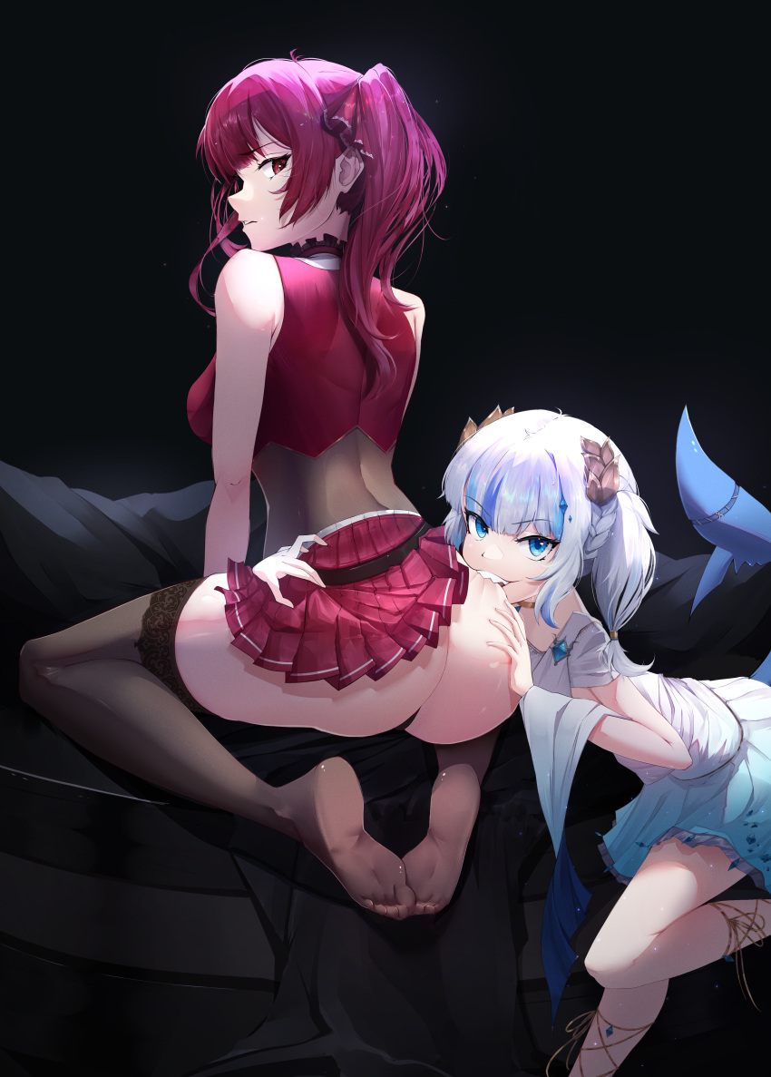 2girls absurdres ancient_greek_clothes armpit_crease ass bare_shoulders belt biting black_background black_leotard black_thighhighs blue_eyes blue_hair braid breasts choker closed_mouth commentary cropped_jacket english_commentary eyelashes feet feet_on_chair fins fish_tail frilled_choker frills from_behind full_body gawr_gura gawr_gura_(party_dress) gold_trim greco-roman_clothes grey_hair hair_ornament hair_ribbon hand_on_another's_ass highres hololive hololive_english houshou_marine houshou_marine_(1st_costume) jacket kneeling knees_apart_feet_together lace-trimmed_legwear lace_trim large_breasts legs leotard leotard_under_clothes looking_back miniskirt multicolored_hair multiple_girls no_shoes official_alternate_costume pleated_skirt red_eyes red_hair red_jacket red_skirt ribbon see-through see-through_legwear see-through_leotard shark_tail sharp_teeth sideboob sidelocks simple_background skirt sleeveless sleeveless_jacket small_breasts soles standing standing_on_one_leg streaked_hair tail teeth thaigermane thighhighs toes toga twintails v-shaped_eyebrows virtual_youtuber