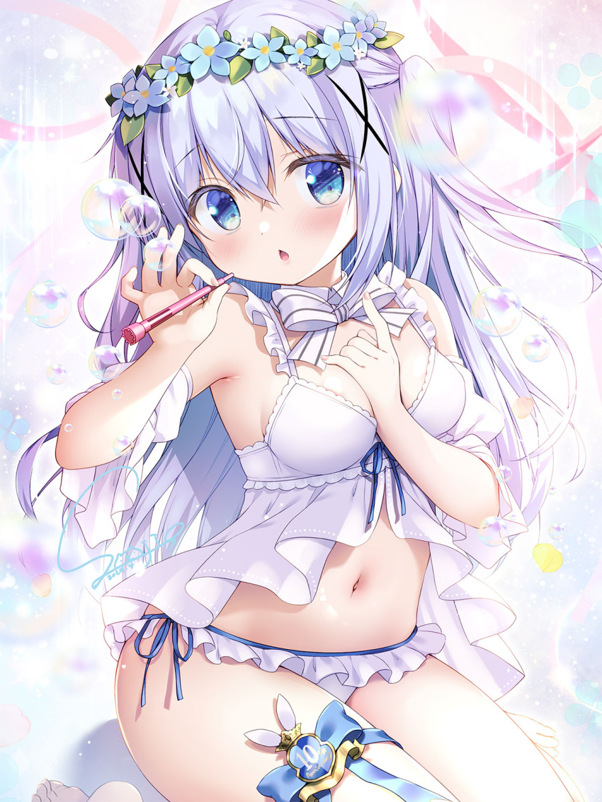 1girl arm_between_breasts babydoll bare_shoulders between_breasts blue_bow blue_eyes blue_flower blue_hair bow breasts bubble bubble_pipe chestnut_mouth commentary_request dated detached_sleeves flower flower_wreath frilled_panties frills gochuumon_wa_usagi_desu_ka? hair_ornament head_wreath highres holding kafuu_chino nail_polish navel panties parted_lips pink_nails puffy_short_sleeves puffy_sleeves sasai_saji short_sleeves side-tie_panties signature sitting small_breasts solo two_side_up underwear underwear_only white_panties white_sleeves x_hair_ornament