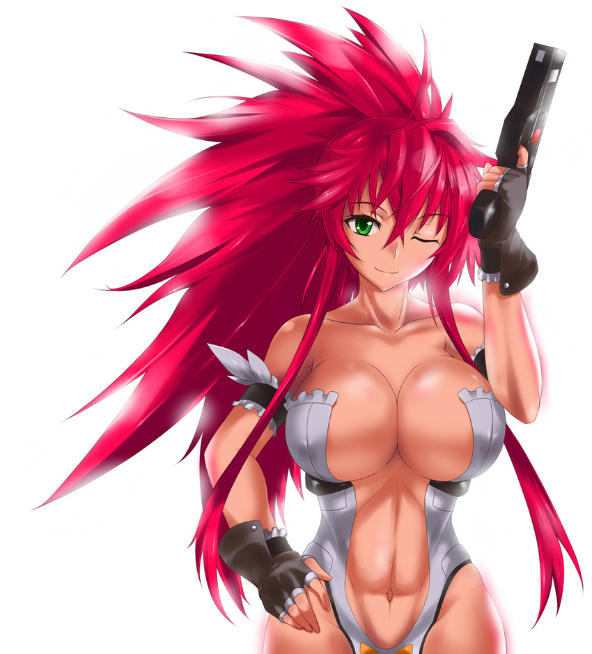 abs breasts center_opening cleavage covered_nipples fingerless_gloves gloves green_eyes gun hand_on_hip highres himeki_luna huge_breasts long_hair looking_at_viewer midriff muscle navel nishiumi_yuuta one_eye_closed ponytail red_hair revealing_clothes simple_background solo spiked_hair stomach vanguard_princess weapon white_background