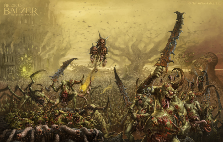 architecture armor artist_name body_horror bug chaos_(warhammer) commentary damaged english_commentary flying full_armor great_unclean_one greater_demon_(warhammer) guro helge_c._balzer holding holding_sword holding_weapon horns horror_(theme) nurgle nurgle_(symbol) official_art one-eyed outdoors plague_bearers rot_fly single_horn sores sword tree warhammer_40k weapon web_address