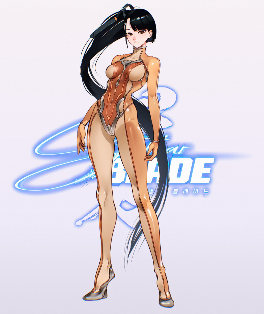 1girl ass_visible_through_thighs black_hair bodysuit breasts brown_bodysuit cesar_art456 eve_(stellar_blade) full_body highres impossible_bodysuit impossible_clothes logo long_hair looking_at_viewer multicolored_bodysuit multicolored_clothes official_alternate_costume ponytail see-through_bodysuit simple_background skin_suit_(stellar_blade) skin_tight solo standing stellar_blade two-tone_bodysuit very_long_hair