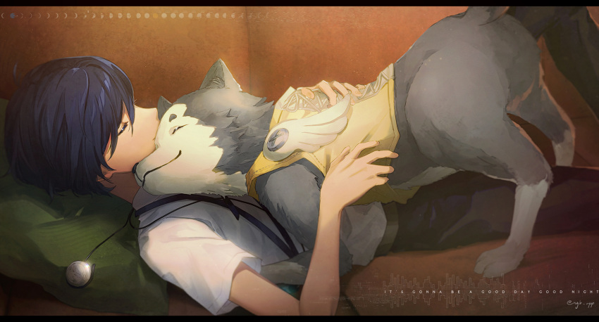 1boy animal belt black_pants blue_hair closed_eyes commentary couch dark_blue_hair dog earphones feet_out_of_frame from_side grey_fur highres kaori knee_up koromaru_(persona) lying male_focus on_back pants persona persona_3 persona_3_reload pillow profile shirt short_hair short_sleeves summer_uniform white_shirt white_wings wings yuuki_makoto_(persona_3)