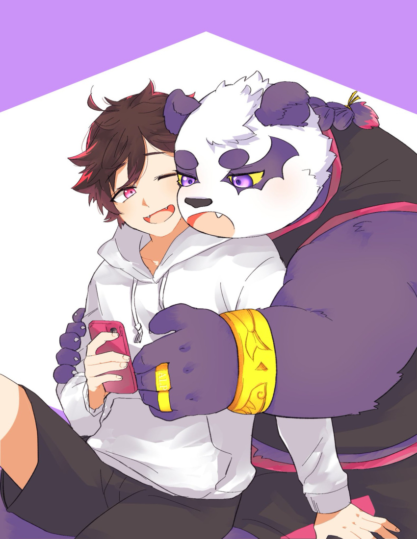 alp_(tas) anthro bear blush bone_color919 cellphone clothing duo electronics giant_panda hay hi_res hug hugging_from_behind human lifewonders male male/male mammal overweight phone protagonist_(tas) shirt smartphone tank_top tokyo_afterschool_summoners topwear twink_protagonist_(tas)