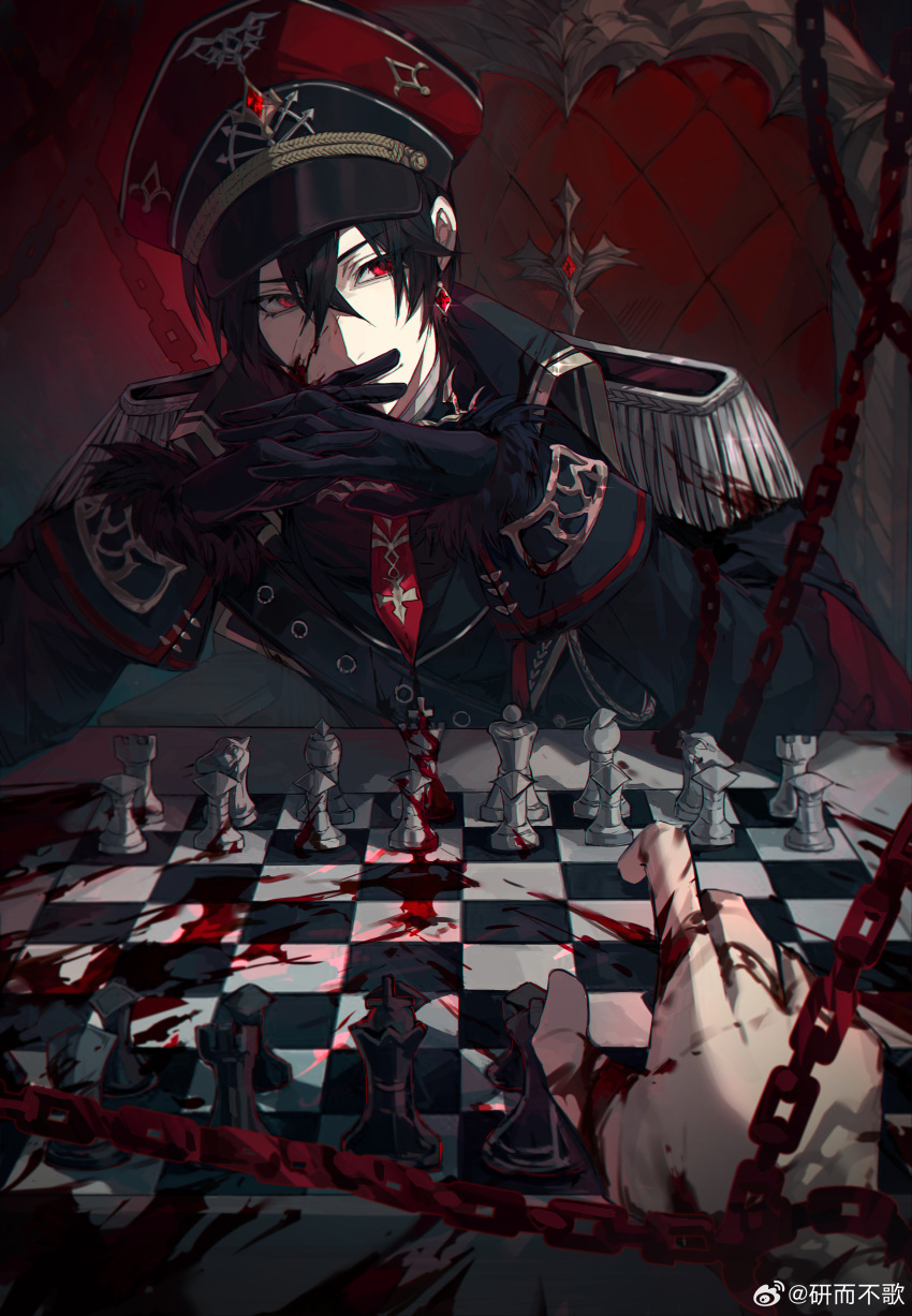 1boy absurdres ayn_alwyn black_cape black_gloves black_hair black_jacket blood blood_on_clothes blood_on_face blood_splatter board_game cape chain chained_wrists chair chess chess_piece chessboard closed_mouth collared_jacket crossed_bangs earrings elbow_rest epaulettes gem gloves hair_between_eyes hat highres interlocked_fingers jacket jewelry lapels long_sleeves looking_at_viewer lovebrush_chronicles male_focus military_hat military_uniform necktie own_hands_together peaked_cap pov pov_hands red_eyes red_gemstone red_hat red_necktie short_hair sideways_glance sitting sleeve_cuffs smile solo table uniform upper_body yan_ge