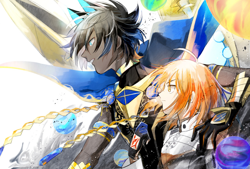 1boy 1girl ahoge arjuna_(fate) arjuna_alter_(fate) armor black_gloves black_hair blue_eyes blue_horns chaldea_logo chaldea_uniform dark-skinned_male dark_skin dress fate/grand_order fate_(series) fujimaru_ritsuka_(female) fujimaru_ritsuka_(female)_(decisive_battle_chaldea_uniform) gloves glowing_horns gold_armor highres horns indian_clothes jacket jewelry kyousituyasan long_sleeves medium_hair official_alternate_costume orange_hair orb shirt short_hair upper_body white_dress white_jacket yellow_eyes