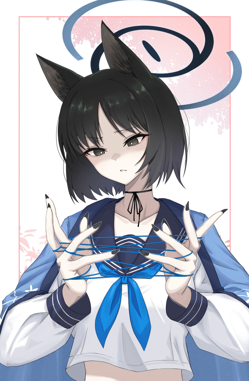 1girl absurdres animal_ears black_choker black_eyes black_hair black_nails blue_archive blue_neckerchief blue_sailor_collar border bright_pupils cat's_cradle cat_ears choker collarbone eyeshadow fingernails furrowed_brow halo hands_up haori hasarang highres japanese_clothes kikyou_(blue_archive) long_fingernails long_sleeves makeup midriff neckerchief outside_border ribbon sailor_collar shaded_face sharp_fingernails shirt_overhang short_hair upper_body white_border