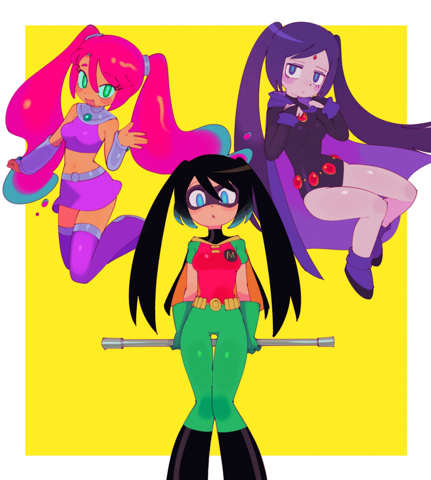 batrobin_k black_leotard blue_eyes boots cape cosplay crop_top dc dc_comics domino_mask green_eyes green_pants hatsune_miku highres hood hood_down leotard mask miniskirt pants pink:hair purple_footwear purple_hair purple_skirt purple_tank_top raven_(dc) raven_(dc)_(cosplay) red_shirt robin_(dc) robin_(dc)_(cosplay) shirt skirt starfire starfire_(cosplay) tank_top teen_titans thigh_boots twintails