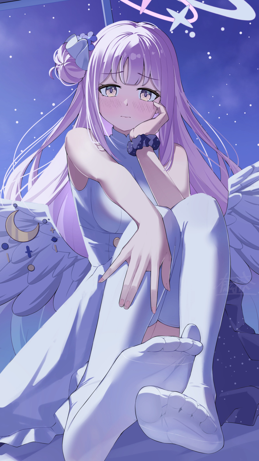 1girl \||/ absurdres bare_shoulders blue_archive blush closed_mouth dress feathered_wings feet flower fukujin full_body hair_bun hair_flower hair_ornament hand_on_own_cheek hand_on_own_face hand_on_own_leg highres knees_up long_hair loose_hair_strand low_wings mika_(blue_archive) night night_sky pink_hair scrunchie single_side_bun sky sleeveless sleeveless_dress solo thighhighs toes white_dress white_thighhighs white_wings wing_ornament wings wrist_scrunchie yellow_eyes