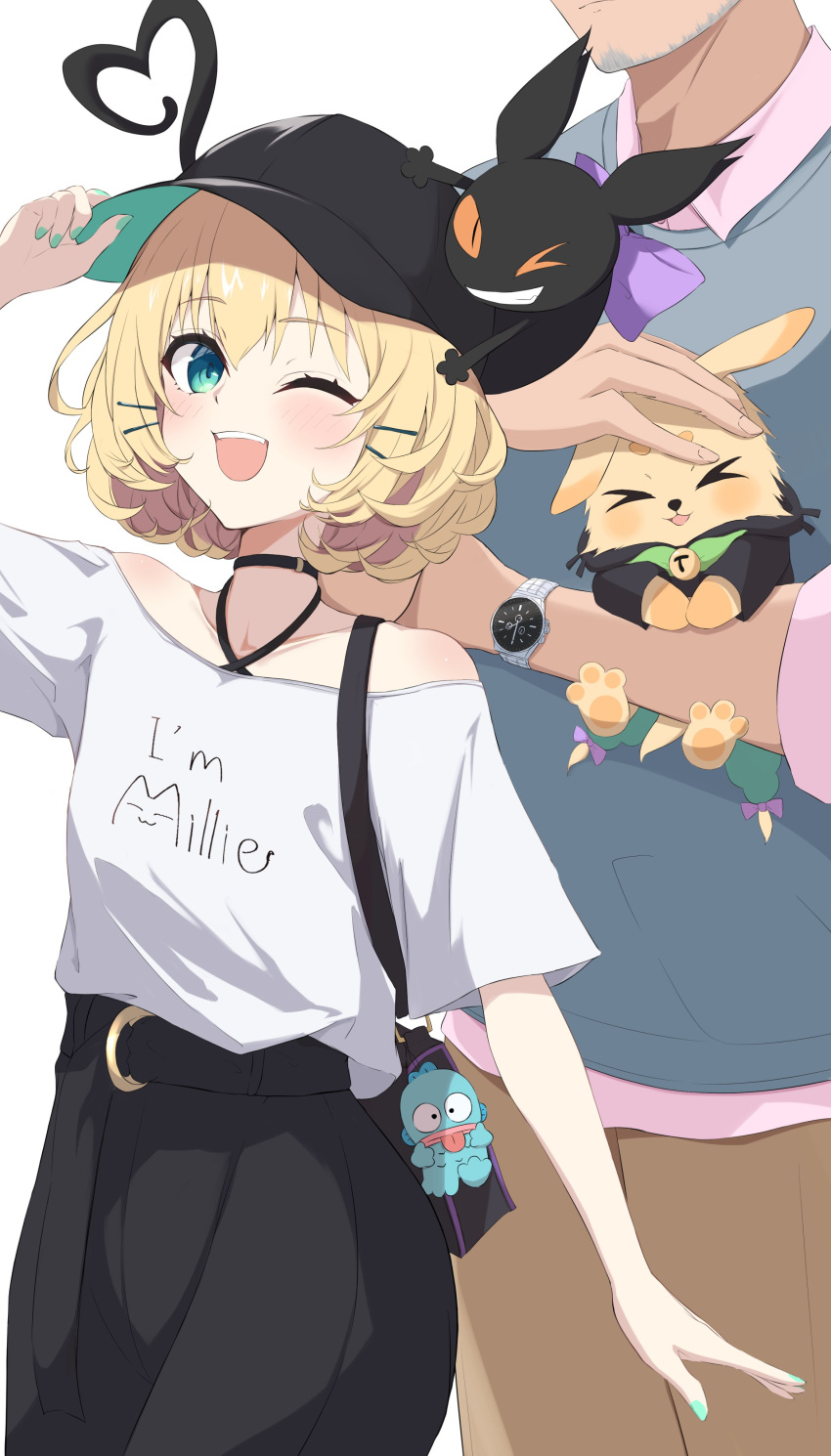 1boy 1girl :d absurdres adjusting_clothes adjusting_headwear aqua_eyes aqua_nails baseball_cap black_choker black_hat blonde_hair blush casual choker collarbone facial_hair famillie_(millie_parfait) hangyodon hat head_out_of_frame highres holding lucie_(millie_parfait) maimoto_keisuke medium_hair millie_parfait nijisanji nijisanji_en obanana_(ahap7438) off-shoulder_shirt off_shoulder one_eye_closed open_mouth petting sanrio shirt smile watch wristwatch