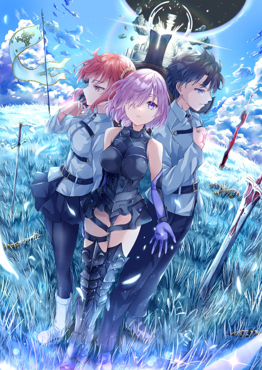 1boy 2boys armored_boots armored_leotard bare_shoulders black_hair black_pants black_pantyhose black_skirt blue_eyes blue_gloves boots breasts chaldea_uniform clenched_hand eclipse elbow_gloves fate/grand_order fate_(series) field fisheye flag fujimaru_ritsuka_(female) fujimaru_ritsuka_(male) full_body gloves hair_ornament hair_over_one_eye hair_scrunchie hand_on_own_chest highres jacket kikugawa_roku lens_flare looking_at_viewer mash_kyrielight medium_breasts multiple_boys orange_hair pants pantyhose parted_lips pink_eyes pink_hair profile reaching reaching_towards_viewer red_hair scrunchie short_hair skindentation skirt sky standing sword thigh_boots thigh_strap weapon white_jacket yellow_scrunchie zettai_ryouiki