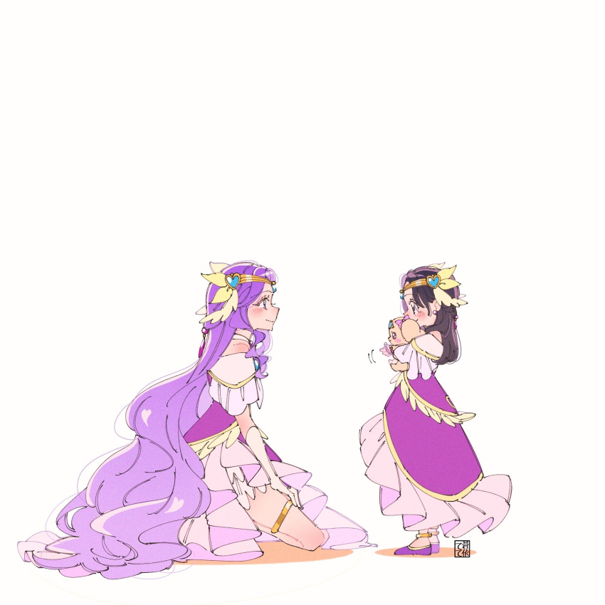 2girls aoi_tete artist_logo black_eyes black_hair braid closed_mouth commentary cosplay cure_earth cure_earth_(cosplay) dog dress flats fuurin_asumi gloves hair_ornament hand_on_own_thigh healin'_good_precure heart heart_hair_ornament highres kneeling latte_(precure) long_dress long_hair looking_at_another magical_girl motion_lines multiple_girls off-shoulder_dress off_shoulder precure purple_dress purple_eyes purple_footwear purple_hair simple_background smile standing thighlet tiara very_long_hair white_background white_gloves