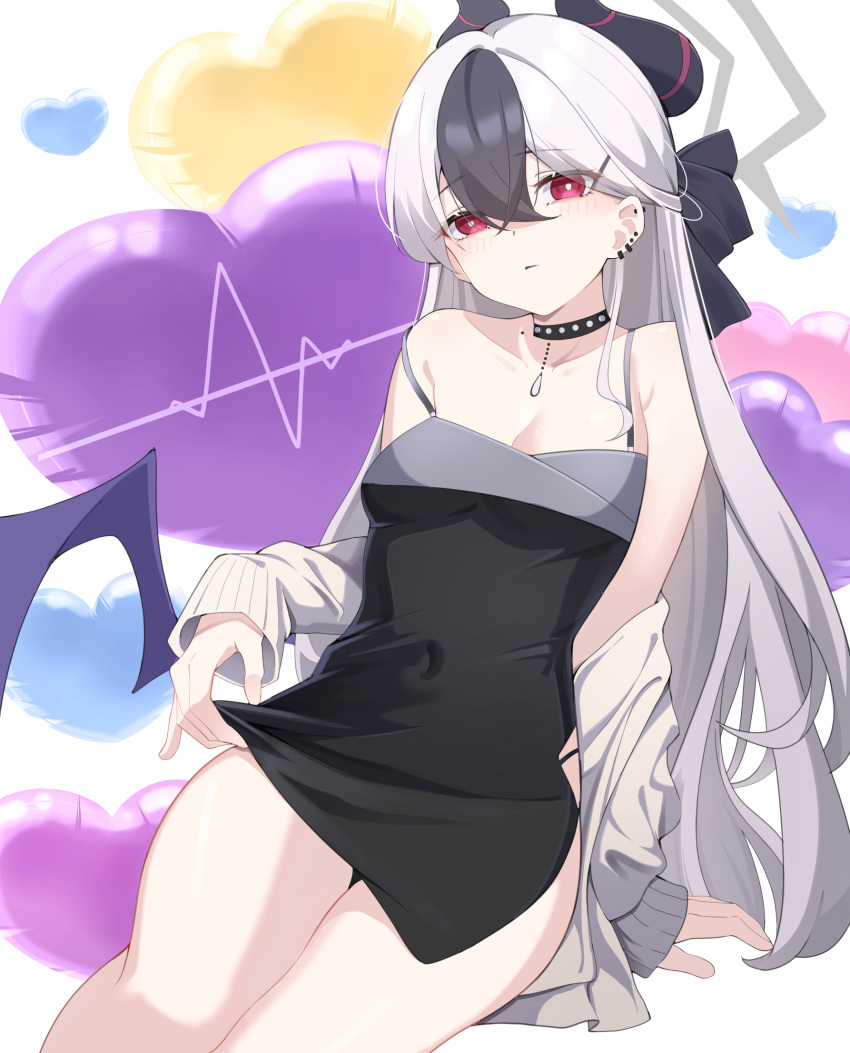 1girl balloon beijiushui black_choker black_dress black_hair black_horns black_ribbon blue_archive breasts choker cleavage covered_navel demon_wings dress ear_piercing grey_halo grey_jacket hair_ribbon halo heart_balloon highres horns jacket kayoko_(blue_archive) kayoko_(dress)_(blue_archive) long_hair mole mole_on_collarbone multicolored_hair official_alternate_costume piercing purple_wings red_eyes ribbon single_wing solo studded_choker two-tone_hair white_hair wings