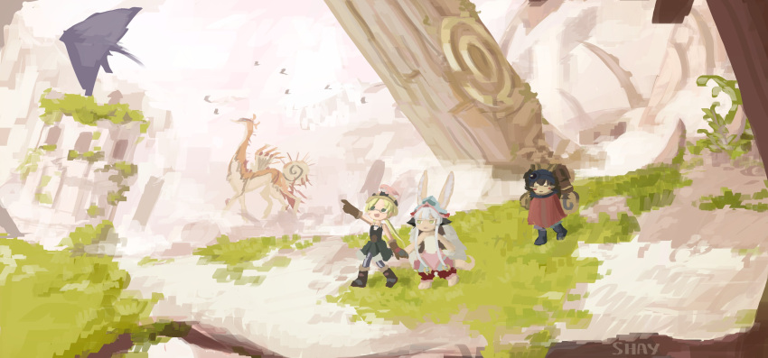 absurdres body_fur ears_through_headwear fake_horns from_side helmet highres horned_helmet horns li_shay made_in_abyss monster monster_girl nanachi_(made_in_abyss) pointing regu_(made_in_abyss) riko_(made_in_abyss)