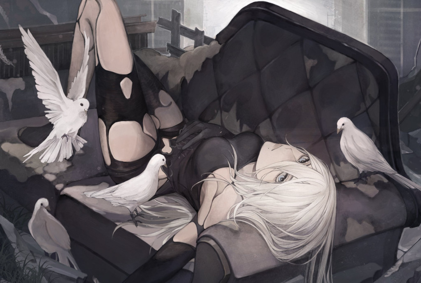 1girl a2_(nier:automata) android bird black_shorts black_tank_top blue_eyes commentary_request couch dove elbow_gloves gloves hair_between_eyes highres joints lying mole mole_under_mouth nier:automata nier_(series) on_back robot_joints shorts solo tank_top tricoliet white_hair