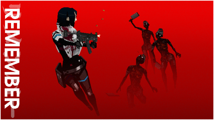 4girls absurdres android armor belt_pouch blood_on_armor blue_hair bob_cut chasing cleaver commentary dropping elster_(signalis) english_commentary english_text eule_(signalis) firing fleeing garrison_cap h&amp;k_smg_ii hat highres holding_cleaver horror_(theme) looking_back low_poly mechanical_arms mechanical_legs multiple_girls pouch red_theme shell_casing short_hair signalis unblueable zombie