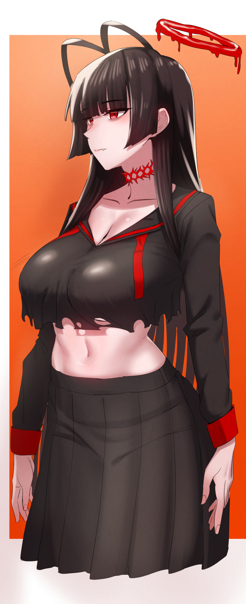 1girl absurdres antenna_hair black_hair black_serafuku blue_archive breasts halo highres large_breasts long_hair navel neckerchief red_eyes school_uniform serafuku simple_background solo tsurugi_(blue_archive)